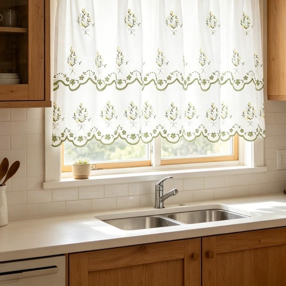 French Vintage Embroidered Short Curtain Dust-Proof Platycodon Flower Semi-Blackout Curtain Double Layer Window Drapes