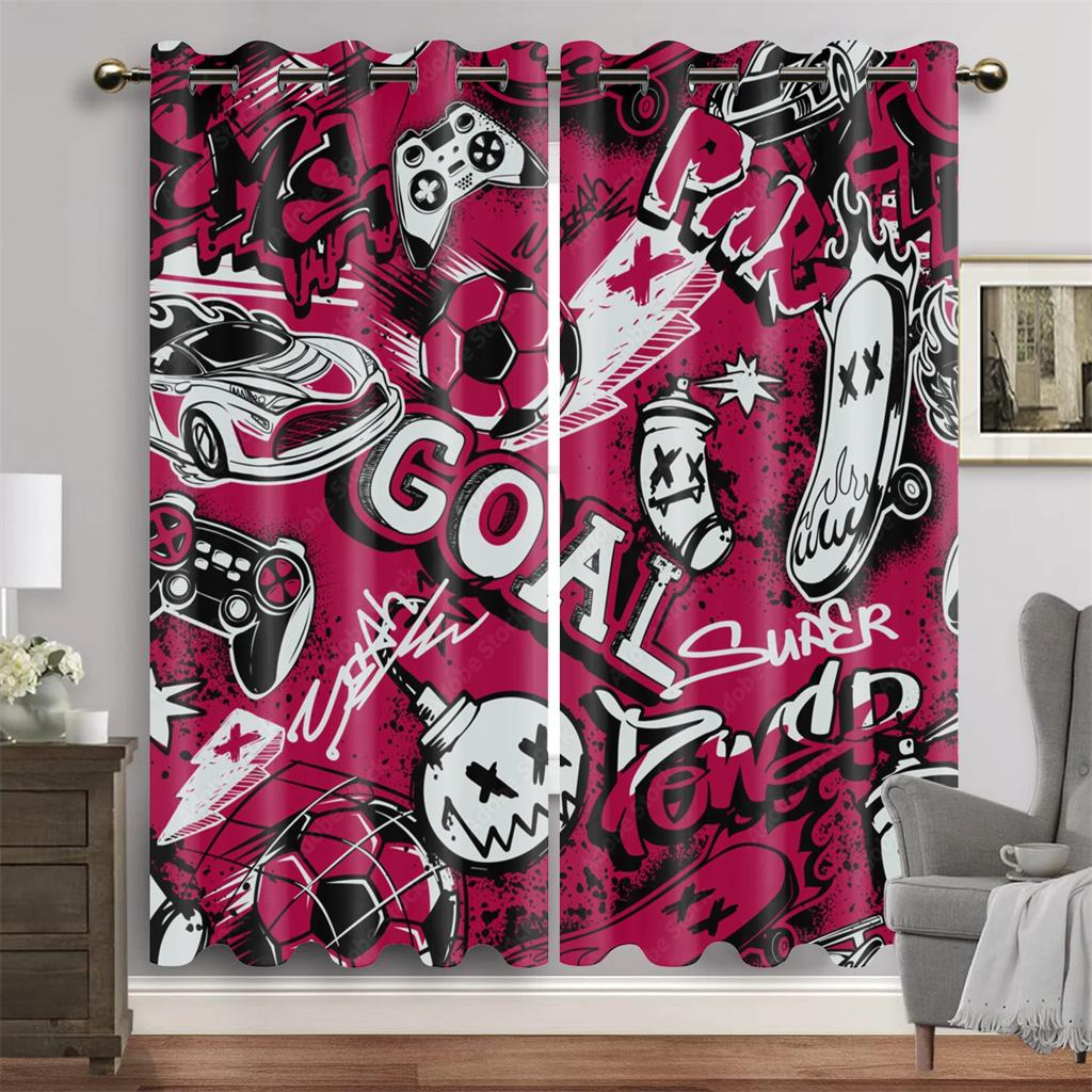 Animated Gamepad Switch Drapes designed for Boys Bedroom Space Graffiti Words Video Games Window Drapes Game Players Living Room Decoration