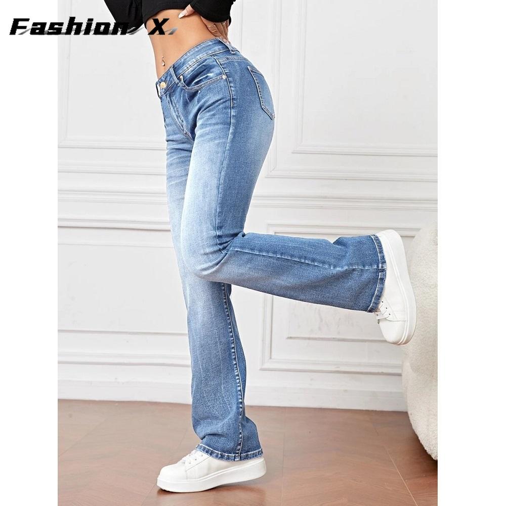 Women's Long Casual Denim Trousers Women's Stretch Jeans Straight Legs