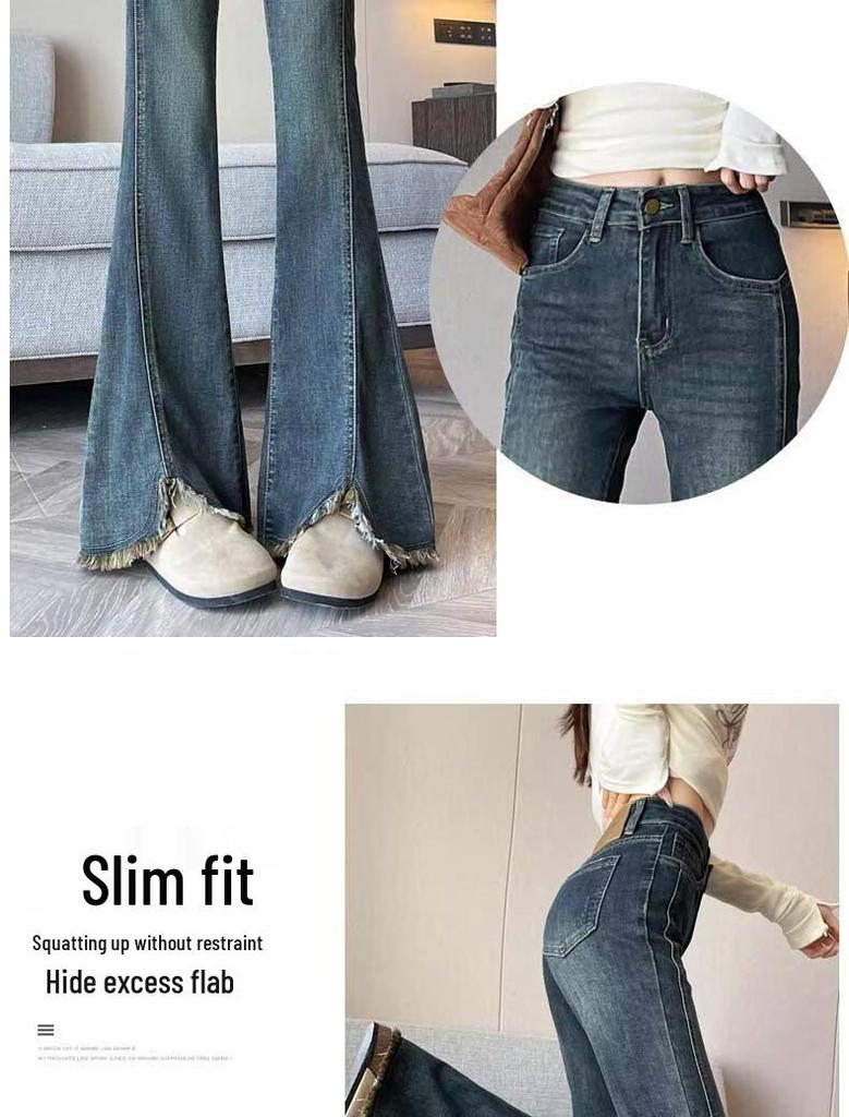 Plus Size High Waist American Micro Flare Jeans for Women with Elastic, Slimming Fit, Split and Raw Hem.
