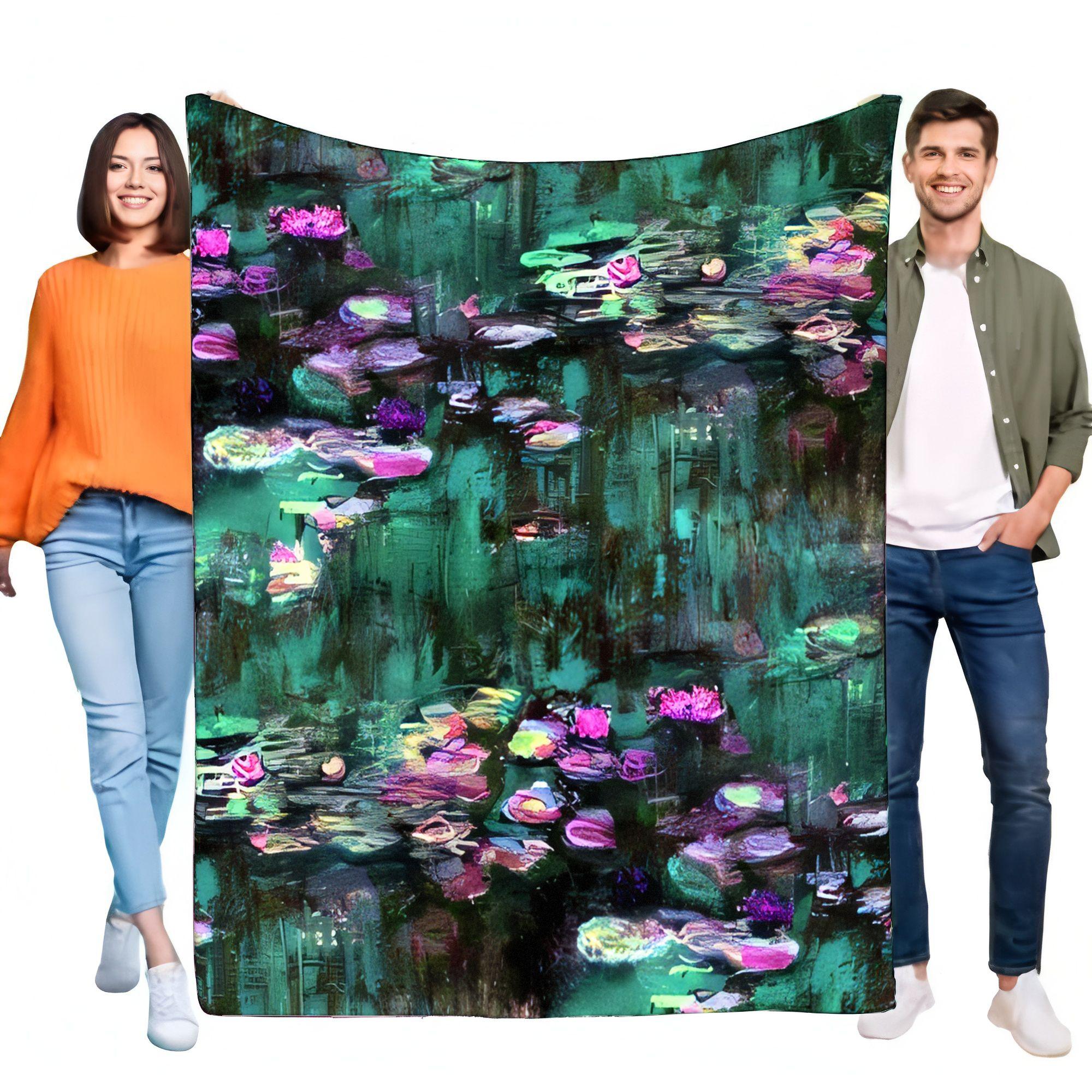 Monet Water Lilies Art Blanket, Soft Cozy Lightweight Flannel Throw for Bed Couch Living Room Decor, Abstract Painting Unique Gi 75X95CM