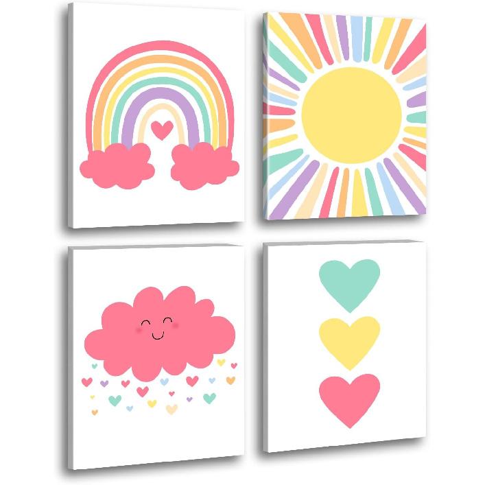 Pink Nursery Canvas Wall Art Rainbow Art Poster,Boho Rainbow Sun Hearts Canvas Wall Art,Kids Bedroom Baby Girls Toddler Pastel Wall Print for