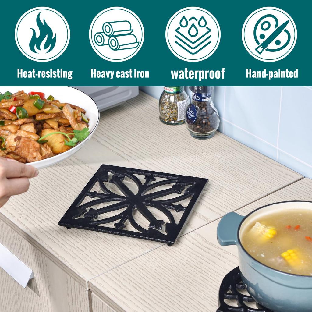Sungmor Trivet Kettle Pot Teapot Cast Floral Square Coaster, Mat, Mat, Holder, Insulated, Heat-Resistant, Iron, Non-Slip, Rust-Resistant, Thick,