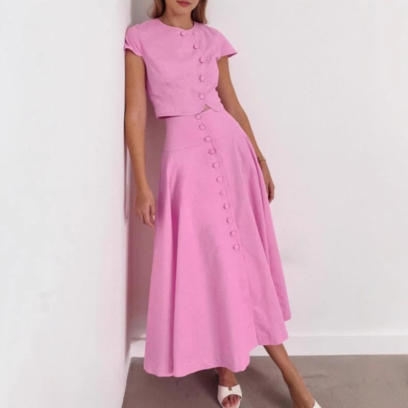 Temperament Elegant A-shaped Long Dress Set Women's Autumn Pink Top Skirt Two-piece Set Women's Clothing