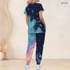 Women Plus Size Colorful Abstract Wave Star Print Scrub Set Short Sleeve V Neck Top And Wide Long Pants Medical Suit