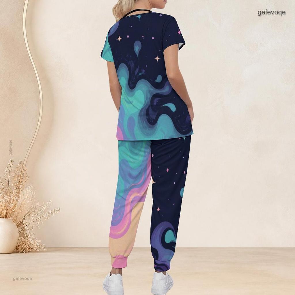 Women Plus Size Colorful Abstract Wave Star Print Scrub Set Short Sleeve V Neck Top And Wide Long Pants Medical Suit