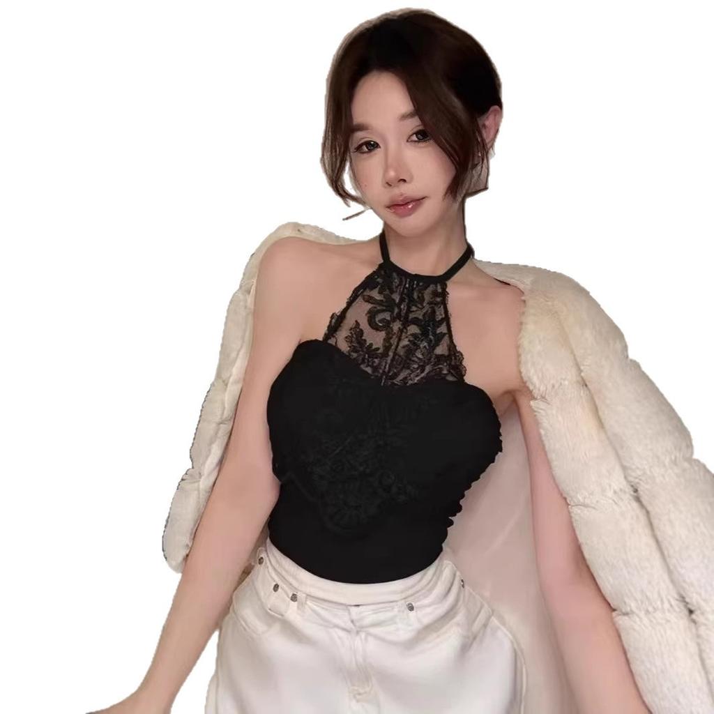 Celebrity lace neck sling vest women's spring and summer pure desire one-word shoulder tube top with chest pad bottoming shirt