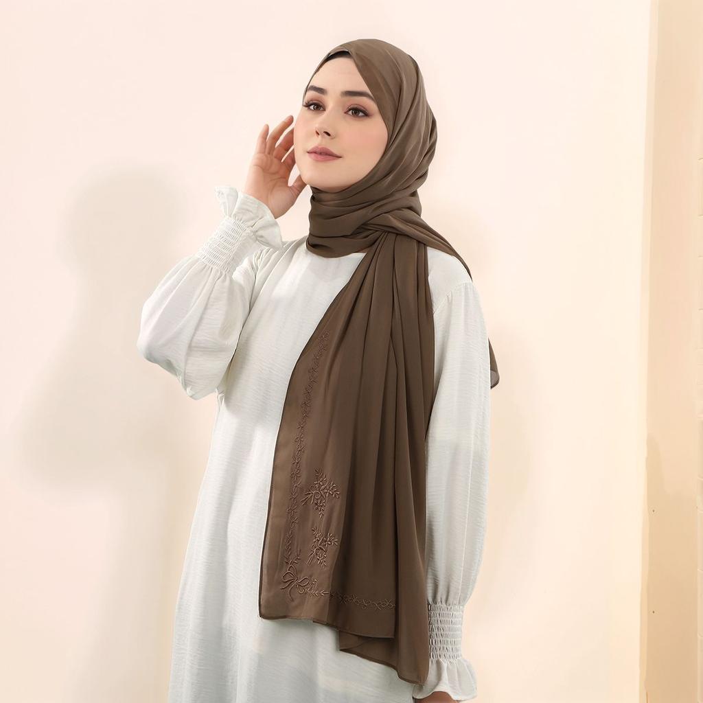 Bow Embroidered Chiffon Hijab Scarf For Woman Muslim Hijabs Shawls Ladies Fashion Long Wraps Foulard Headband Scarves 195*75Cm