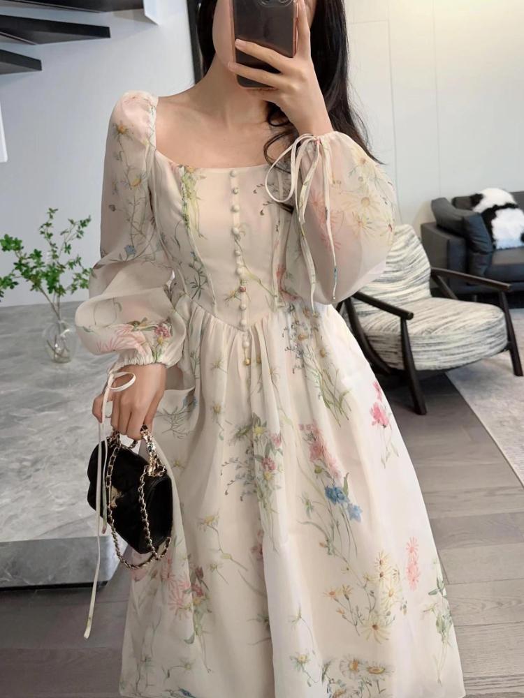 French Elegant Print Square Collar Mini Dress Women Fashion Chiffon Long Sleeve Party Dresses Female Vintage Beach Lace Up Clothing Fairy