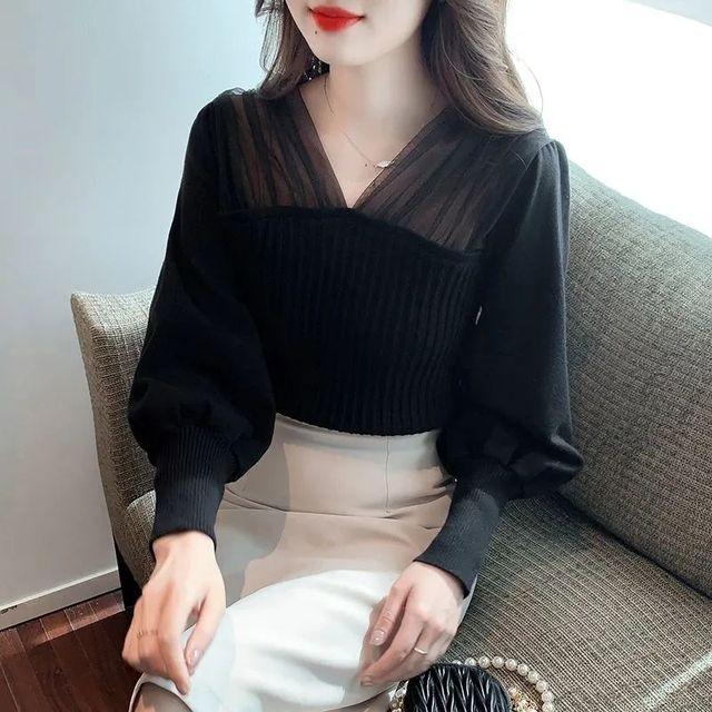Síťovaná pletenina s výstřihem do V Top Dámské Podzim Zima Temperament Svetr s dlouhým rukávem Móda Jednobarevná Halenka
