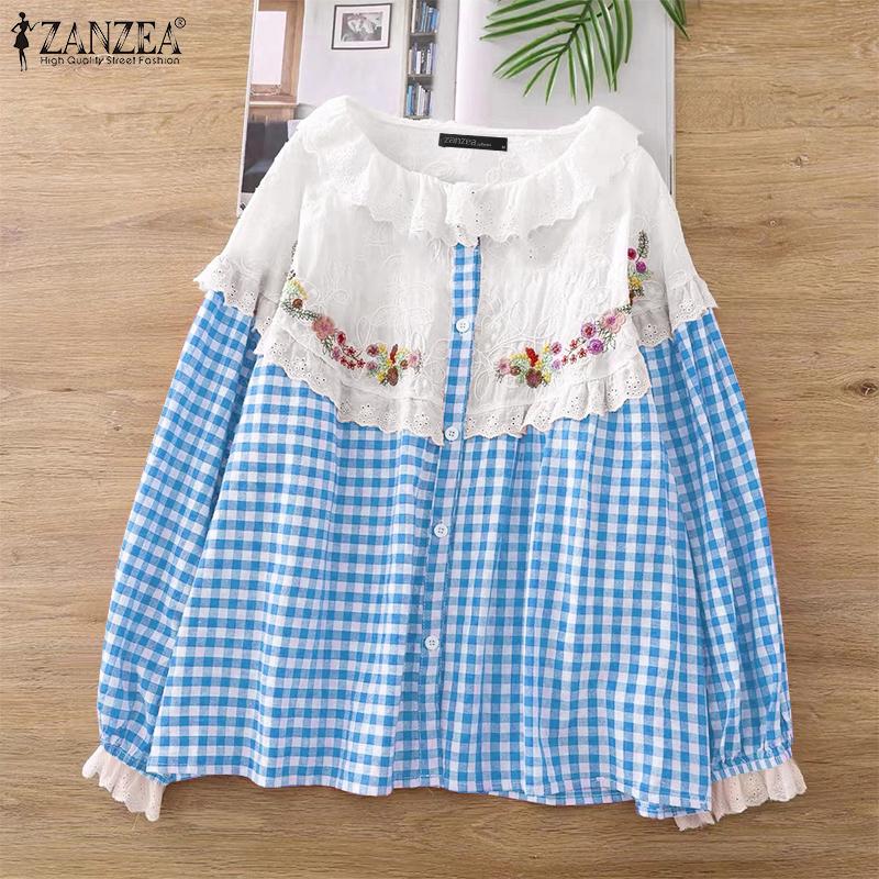 ZANZEA Women Lace Patchwork Casual Long Sleeve Grid Print Blouse