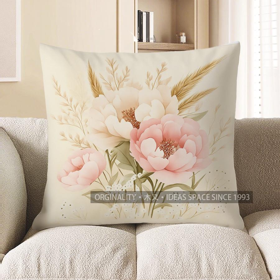 Home Decor Pink Peonies &amp; Wheat Floral Pillow Cover Pattern Cushion Cover Suitable For Sofa Bedroom Car Pillow Cover