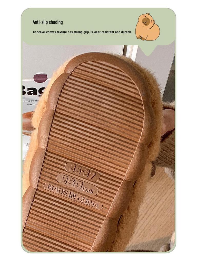 Capybara Winter Cotton Slippers: Cute Non-Slip Indoor Fur Shoes with Package Heel for Couples.