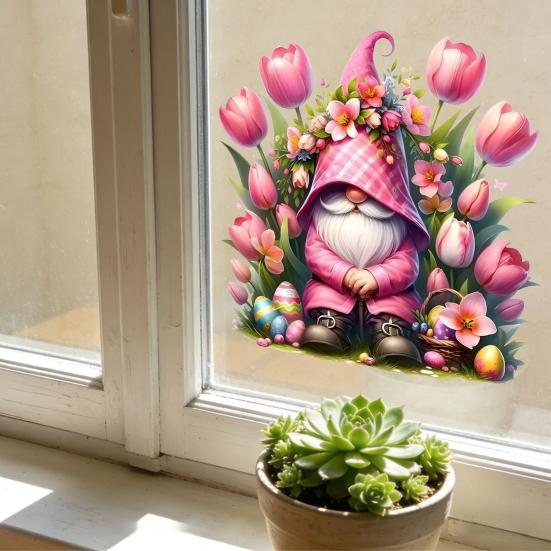 Tulip Gnome PVC Window Cling Waterproof Pink Floral Gnome Static Sticker Reusable Glass Door Decals for Classroom Home Office Party Decoration