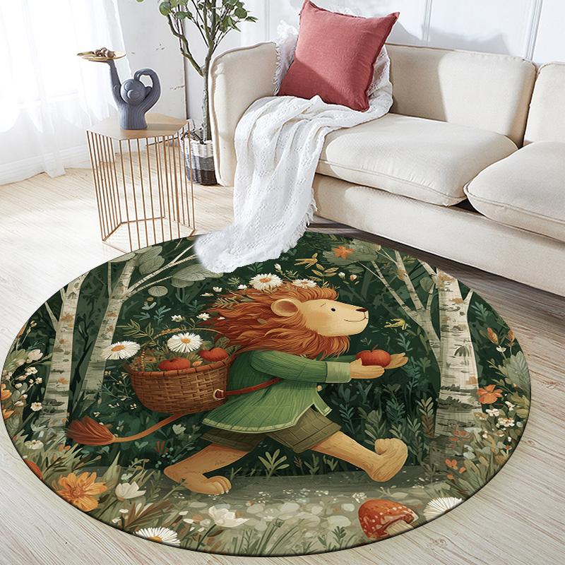 Forest Flower Basket Animals,Round Area Rug,Carpet Rug for Living Room Bedroom Sofa Playroom Decor,Non-slip Floor Mat