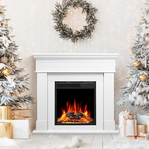 43 Inch Fireplace TV Stand with Mantel - Electric Fireplace Heater, Wooden Entertainment Center, Adjustable LED Flame, Freestand
