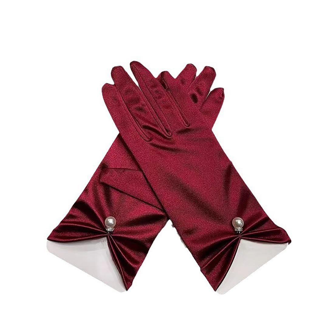 Satins Gloves Evening Gown Gloves with Pearls Decors Wedding Bride Gloves for Formal Occasion Stage Props Hand Gloves