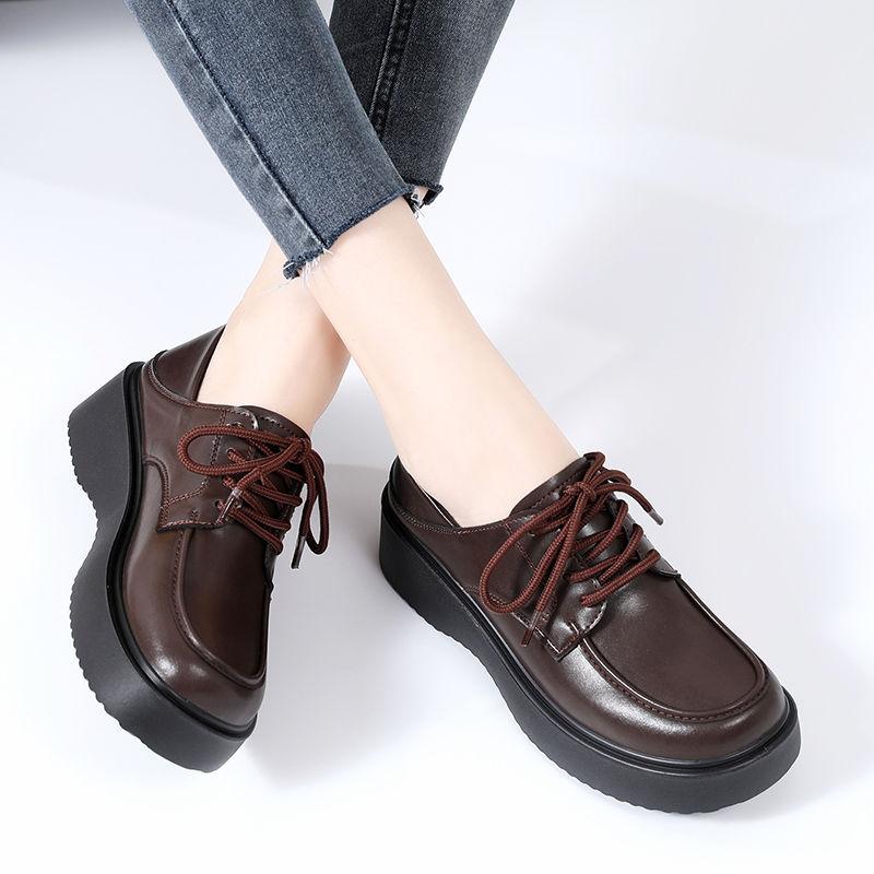 Leather women's shoes spring and autumn platform muffin casual shoes lace-up low-top single shoes small leather shoes
