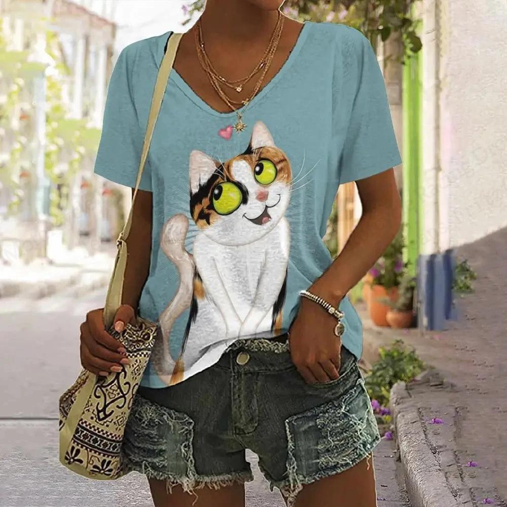 Summer Tops Women's Tee T Shirt Dog Cat 3d Print Tshirt Women Fashion Casual V-Neck Short Sleeve T-shirt Female Clothes