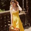 French Lace Patchwork Yellow Floral Dress for Women, New Summer Seaside Vacation Elegant Waist-cinching Long Dress