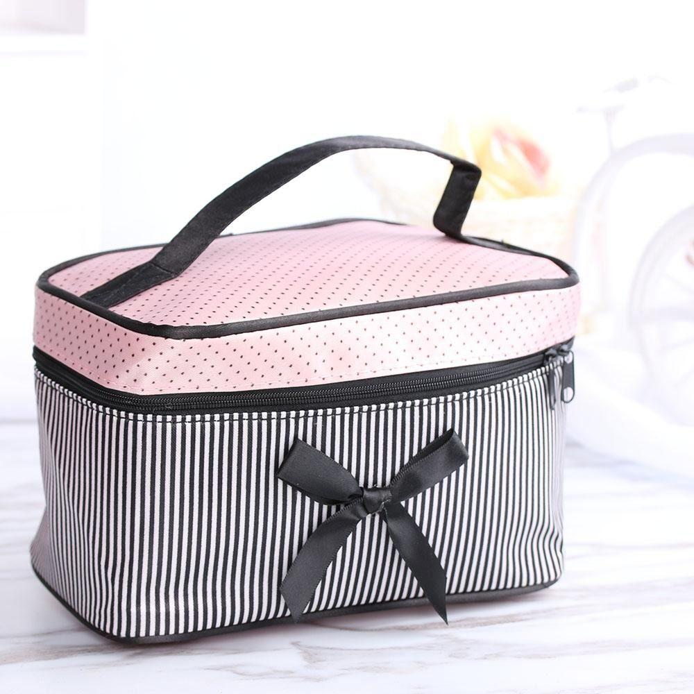 Fashion Portable Cosmetic Bag Bow Stripe Wash Organizer Handbag Make Up Bags Travel