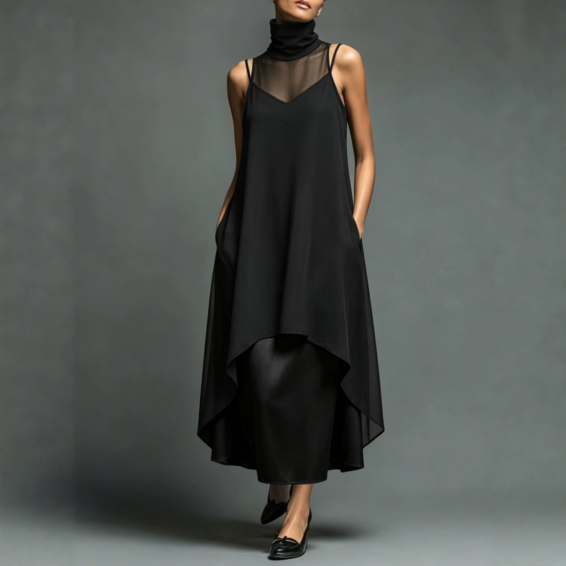 French casual elegant black turtleneck mesh splicing sleeveless stacked dress set European and American fashion two-piece set S