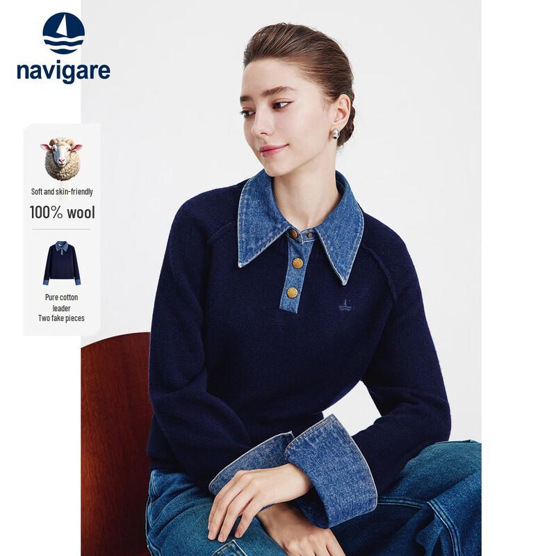 Navigare Women's Loose Wool Knit Sweater with Denim Splice