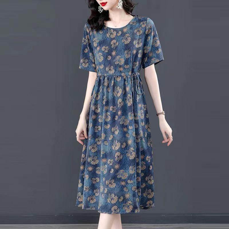 

Chinese mother fashion Korean version dress women s summer new loose Chinese mother temperament flower skirt 5XL синій