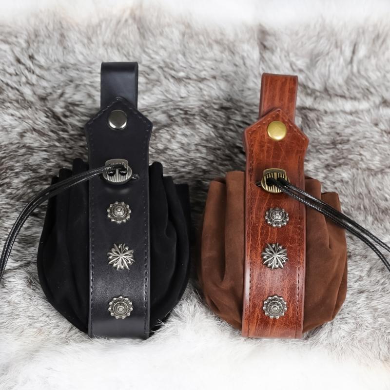 Vintage Drawstring Bag PU Leather Waist Pack Medieval Style Dices Bag Halloween Coin Purse for Cosplay Party