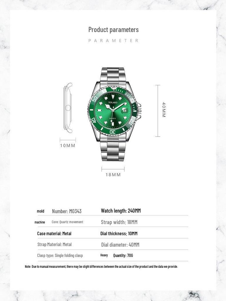 Herren High-End Grüner Wassergeist Quarz Uhr mit Kalender und Stahlband