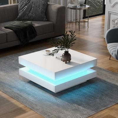 Čtvercový konferenční stolek v bílé barvě - Moderní technologický styl, s LED páskem Bluetooth, 70x70x36 cm, Max. Zátěž 45 kg