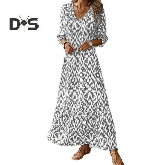 

Женское весенне-осеннее платье с V-образным вырезом, свободное, с рукавом до локтя, длиной до щиколотки, с цветным принтом, пэчворк, пуловер, А-силуэта, с большим подолом, мягкое, леди, макси-платье S белый