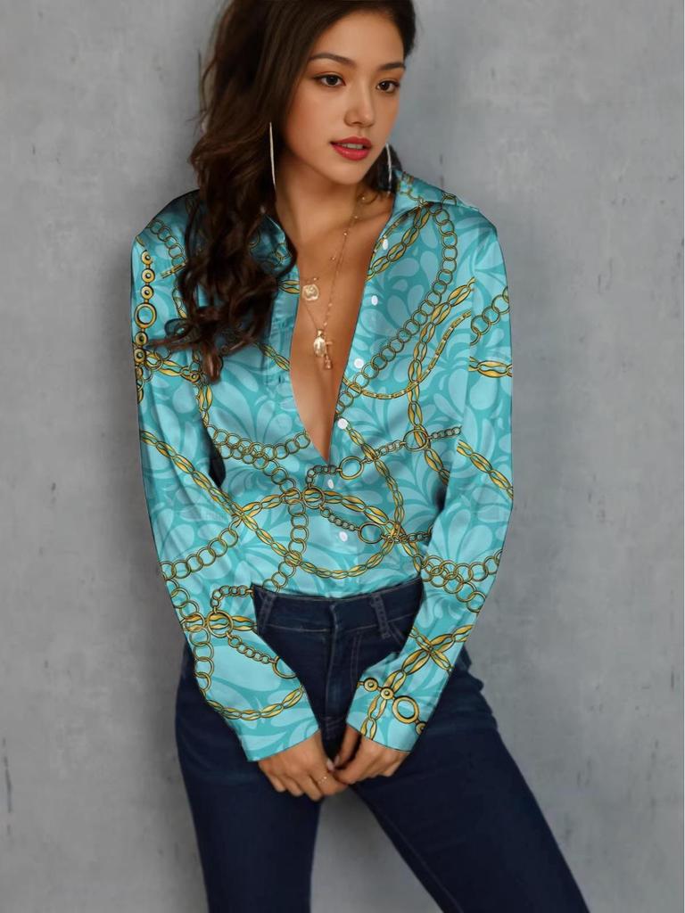 Women's Trendy Long-Sleeve Digital Print Button-Down Shirt