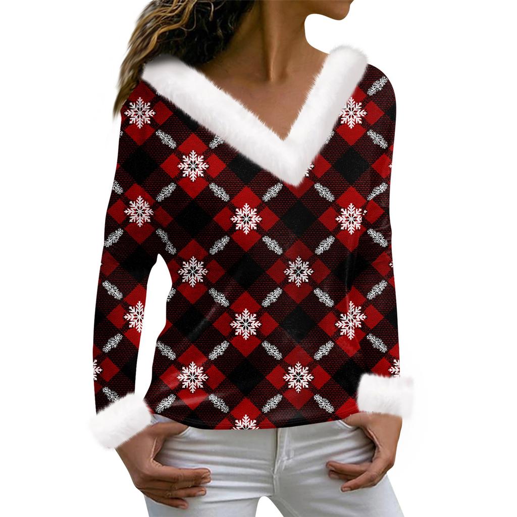 Tricou de damă Tricou Cămașă de Crăciun Cu mânecă lungă Petrecere cu imprimeu de Crăciun Top cu decolteu în V