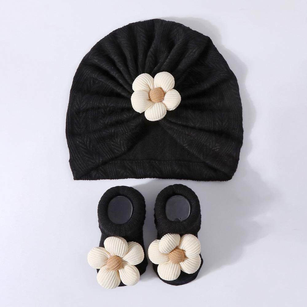Soft Cotton Baby Headscarf Hat Elastic Hat Sock Set Infant Turban Hat Socks Set Newborn Supplies чёрный