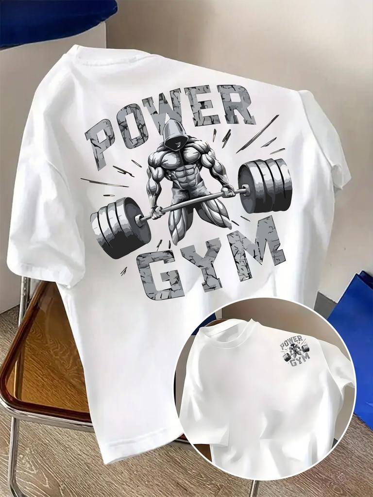 2026 Summer Unisexs 100 Pure Cotton Casual Letter Barbell Printed Round Neck Short Sleeved Fitness Neutral Sports Jogging Tshirt