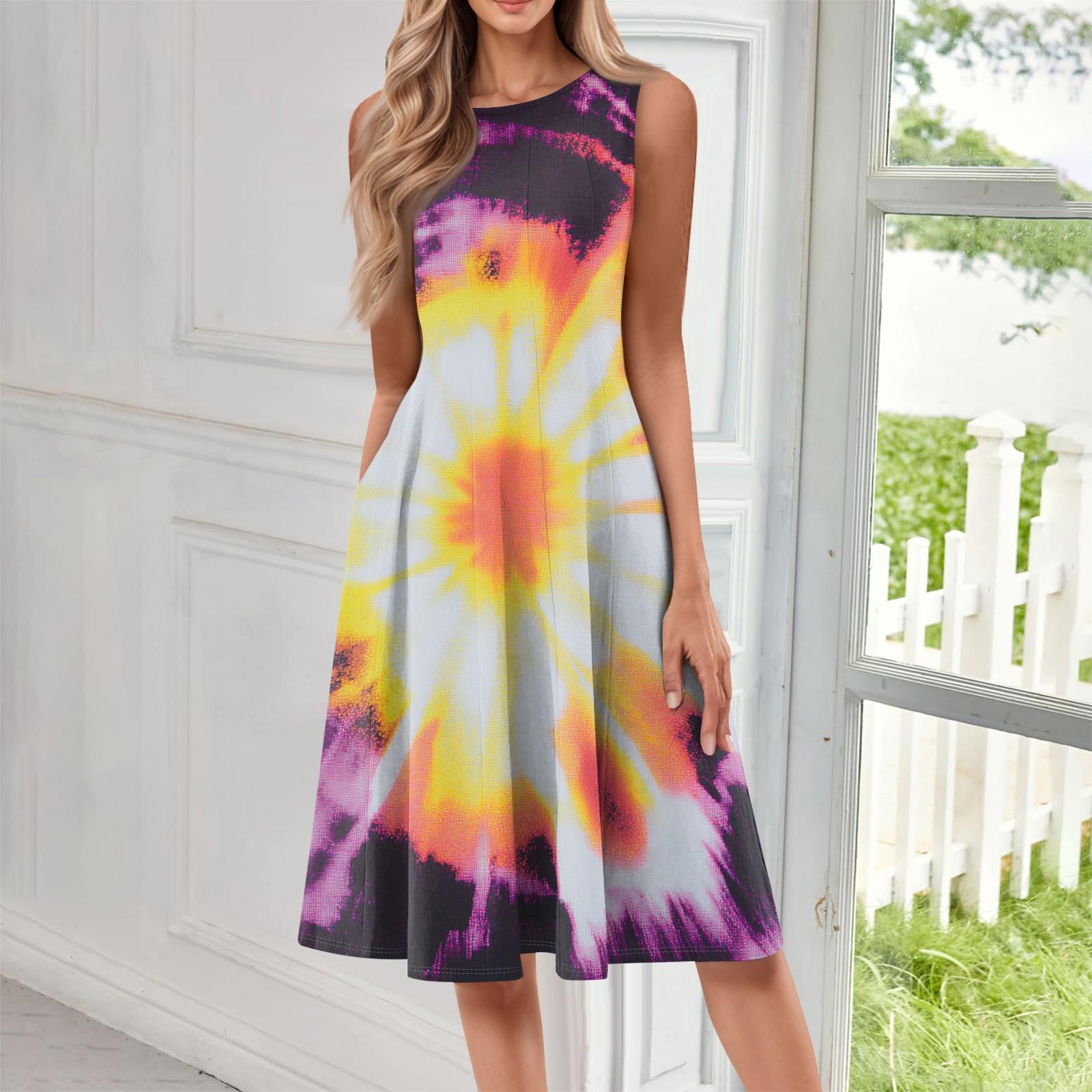 

Женское повседневное модное платье миди с круглым вырезом и принтом тай-дай без рукавов, однотонное XL фиолетовый