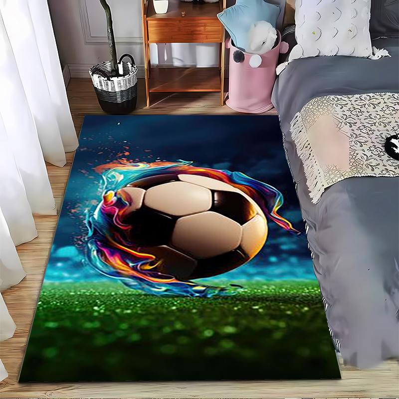Soccer Ball Carpet with Fiery Blue Flames Design for Home Decor Suitable for Use As an Anti-slip for Living Room Bedroom Sofas