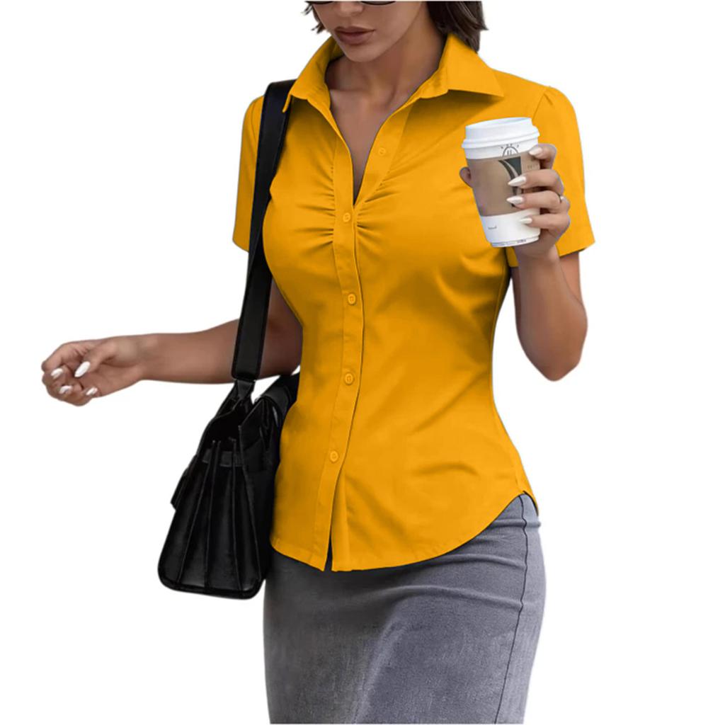 Women's Short Sleeve Button Down Shirt Slim Fit Collared Blouse Office Workwear Casual Top with Ruched Front Design