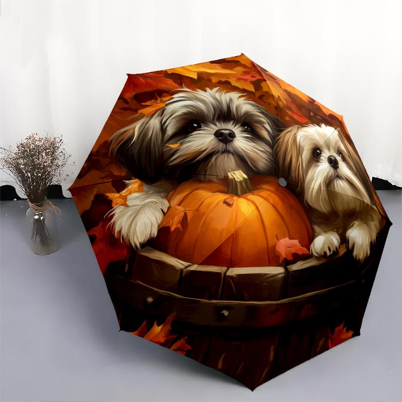 Shih Tzu and Fallen Leaves Pattern, Automatic Folding Umbrella, Portable and Foldable Design, 8 Ribs, a Christmas or Birthday Gift.