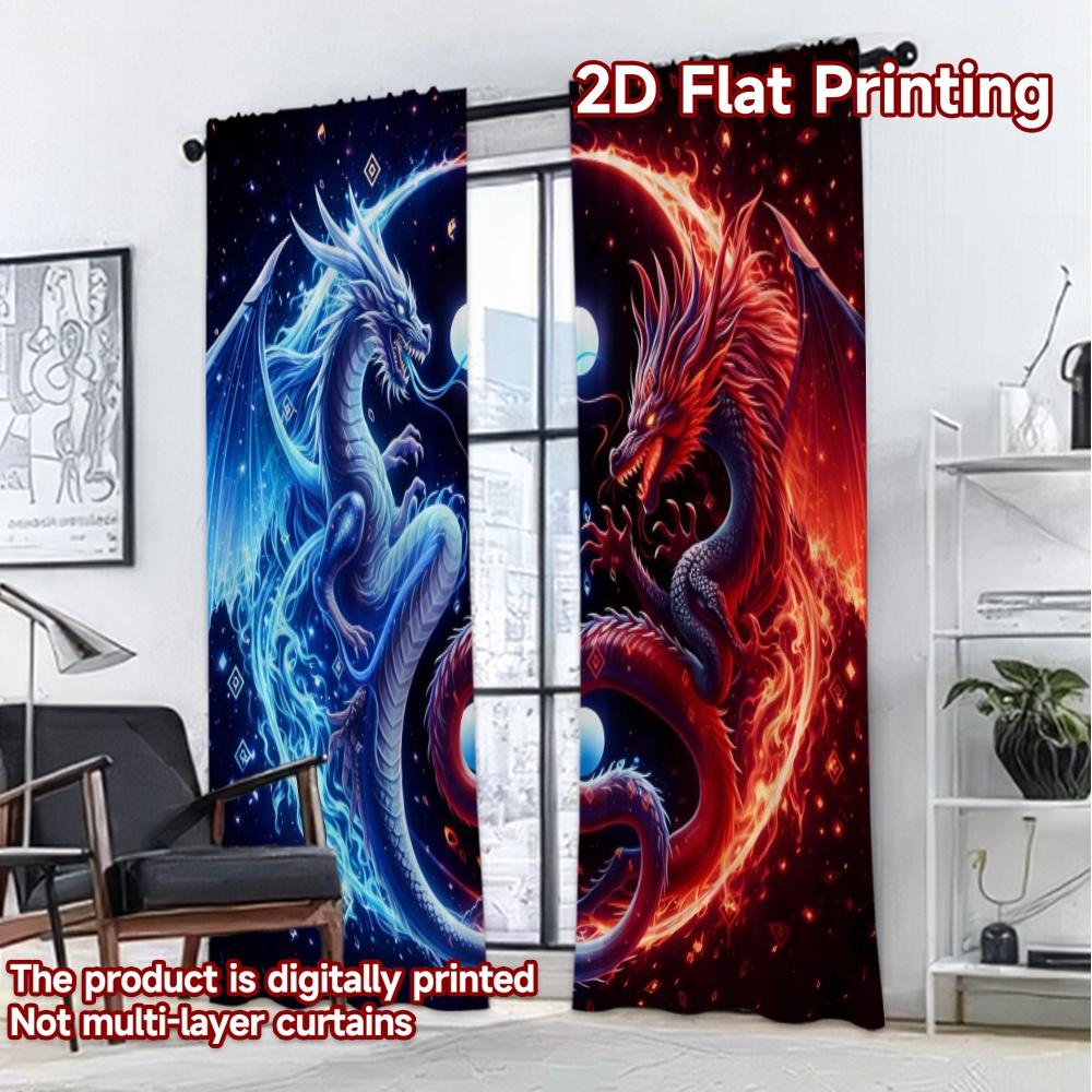 2D FLAT PRINTING 2pcs Curtains (Without Rod) Dual Dragon Clash Creative Modern Curtains Machine Washable Fabric Curtains Weet