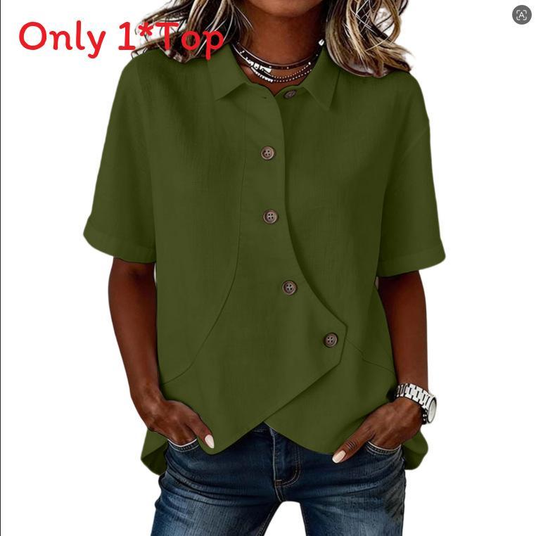 Casual Solid Color Cotton Short Sleeve Shirt For Women With Asymmetric Design For Office Wear