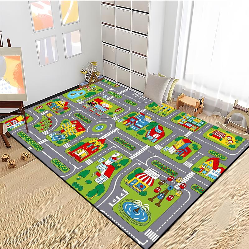 Kids Road Traffic Carpet Cartoon Car Toys Area Rug for Boys Girls City Life Educational Rugs Baby Room Bedroom Nursery Play Mat