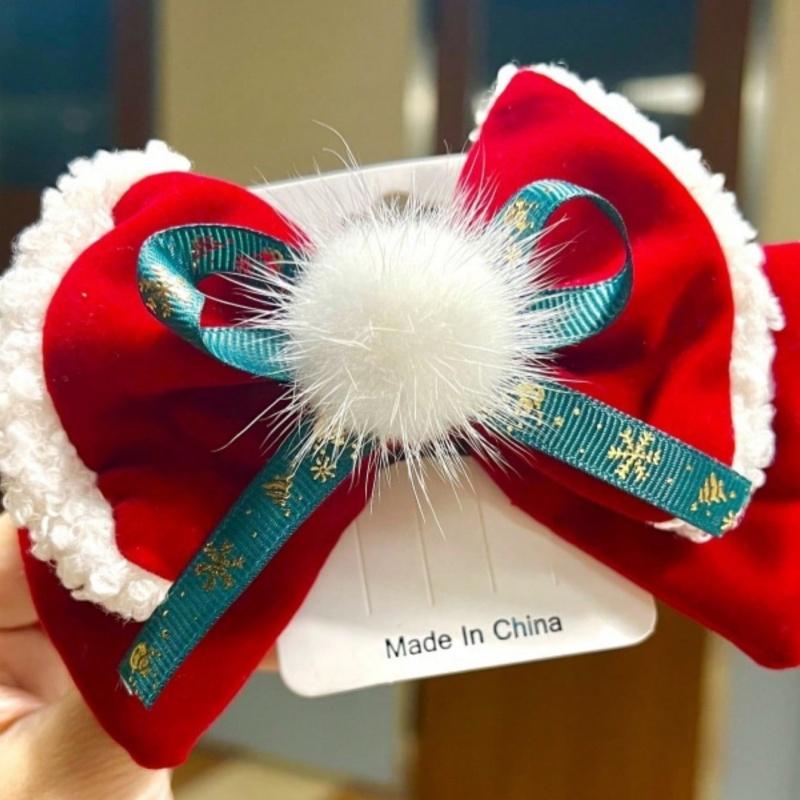 1PC Christmas fresh butterfly bow hair clip, paired with lamb wool ball, cute Christmas hair clip accessories