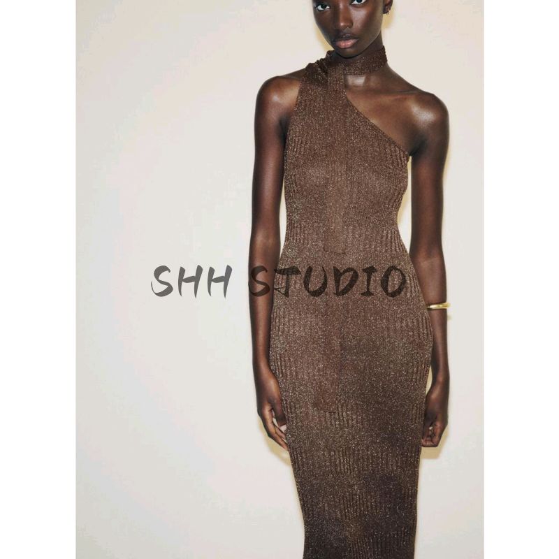 Summer Women's French off-the-Shoulder Design Metal Yarn Asymmetric Collar Midi Skirt Dress 5063802