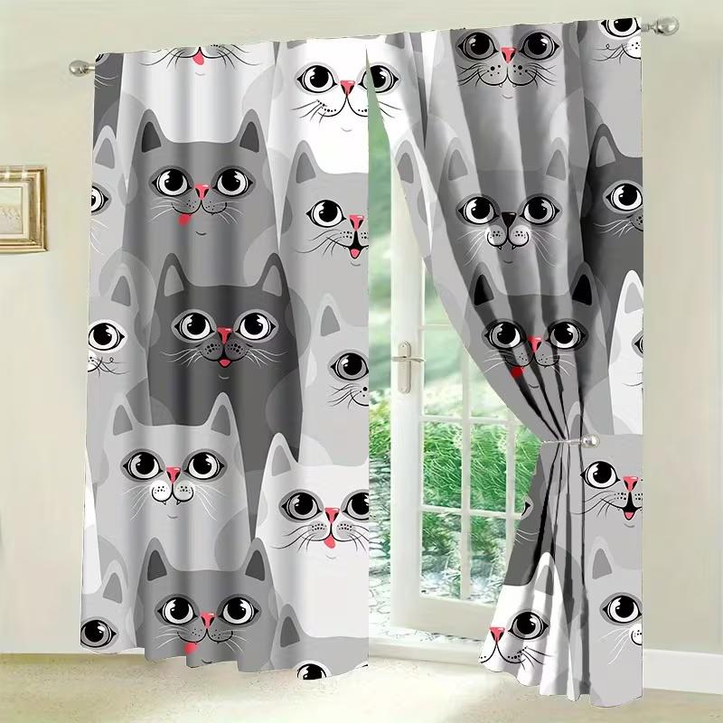 2 Pcs Grey Cat Print Curtains,suitable for Bedroom,living Room Kitchen Decoration,home Decoration,window Decoration
