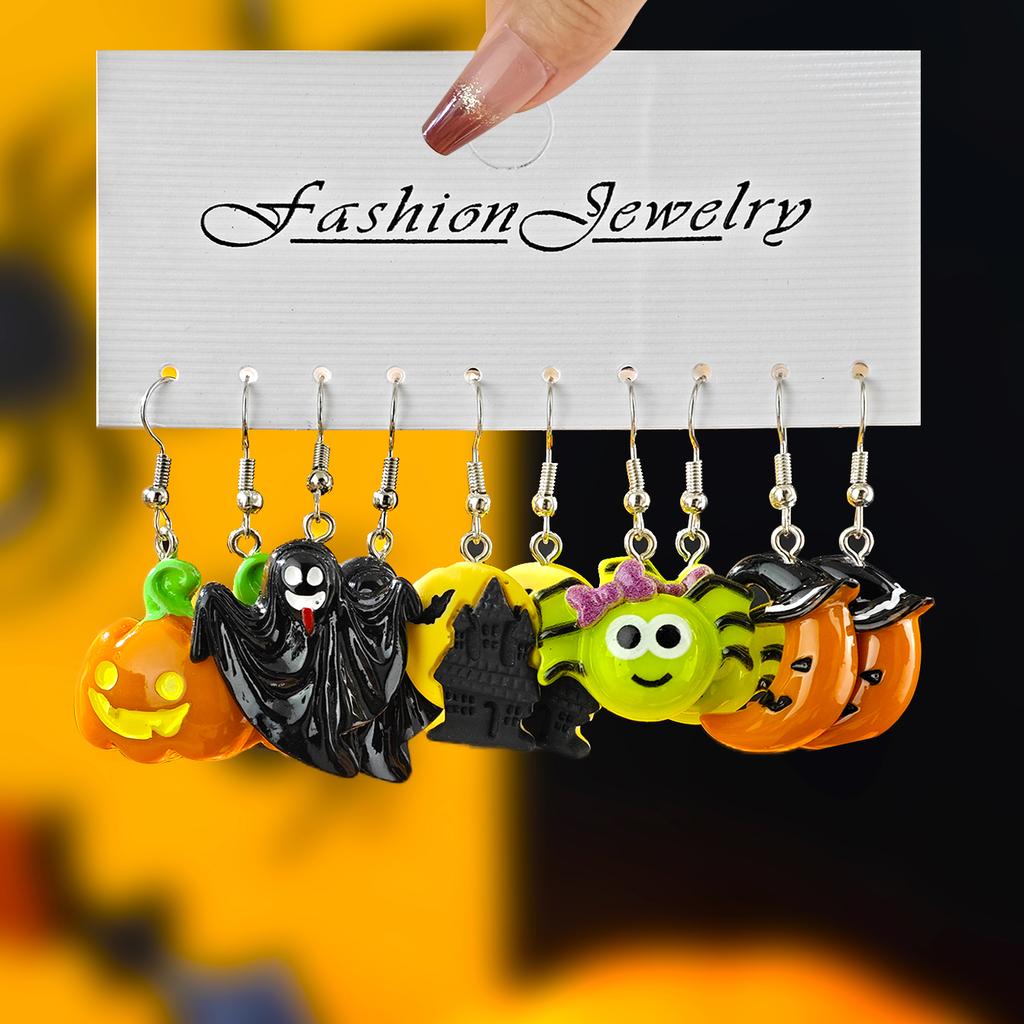 Neues Halloween Niedlich Lustig Kürbis Fledermaus Geist Schwarze Katze Spinne Hexenhut Harz Anhänger Ohrringe Halloween Geschenkset