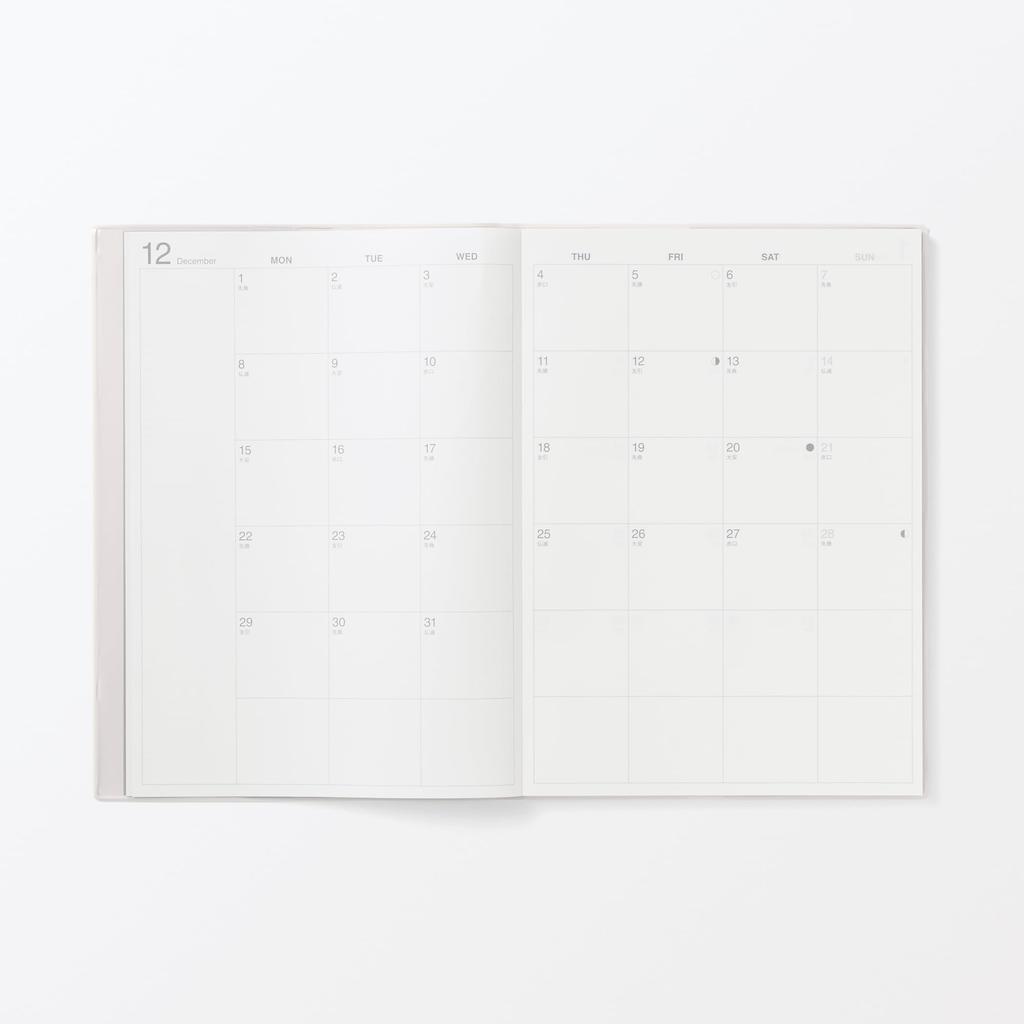 MUJI Starting on December White 84854194 Monthly/Weekly Planner, Monday, 2025, B5, Gray,