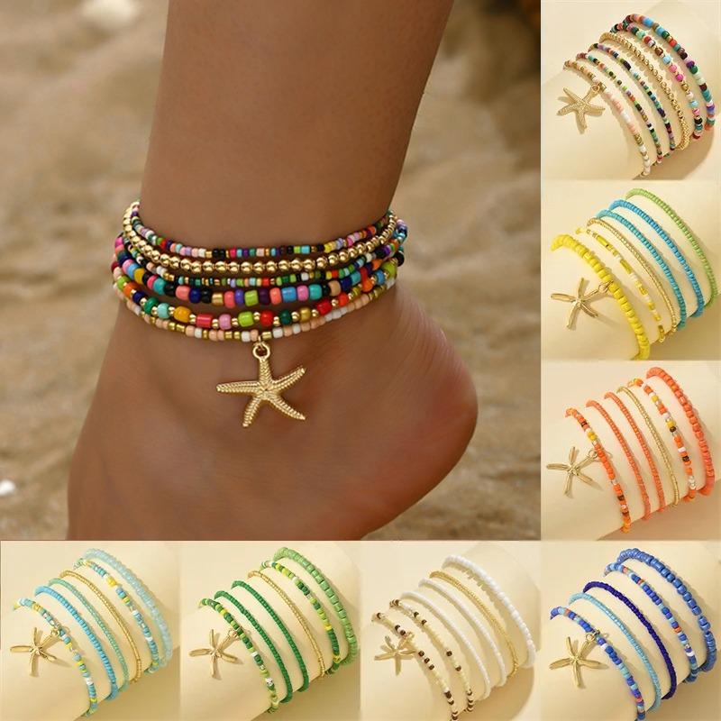 Summer Fashion Multilayer Rice Beads Starfish Pendant Anklet for Women Female Boho Colorful Zircon Beach Foot Ankle Chain Gifts