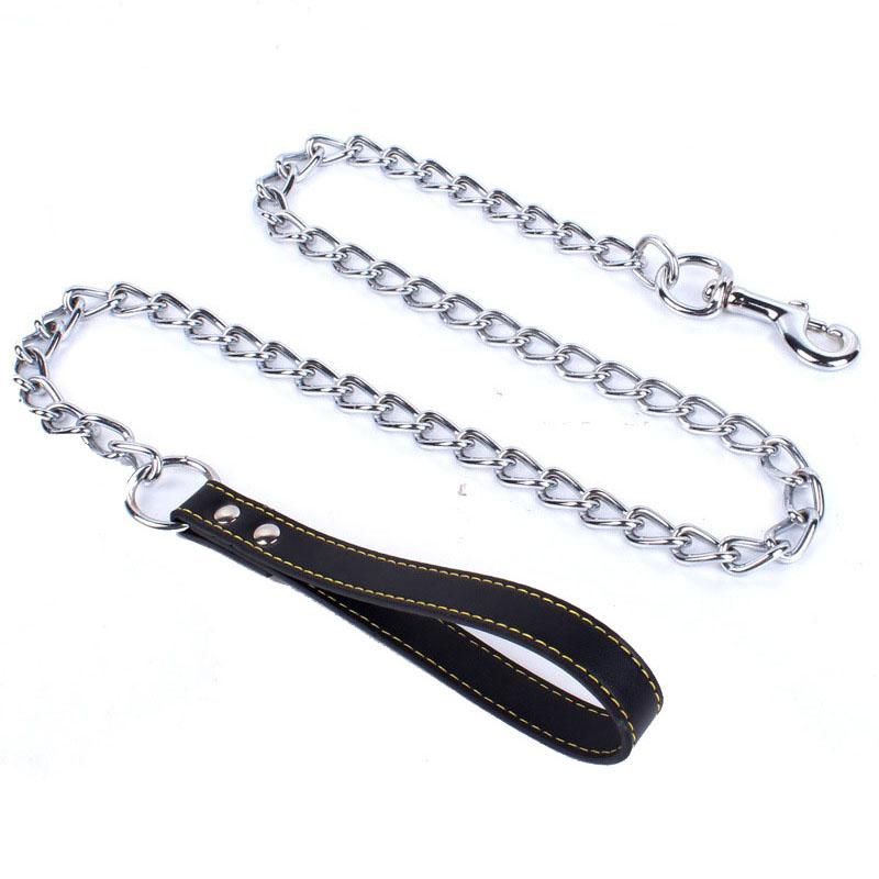 Chain Leash for Large Dogs Metal Chain Leash Chew Proof Heavy Duty Stainless Steel Dog Leash Chain with Leather Padded Handle